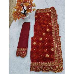 CRÉATEUR GEORGETTE FLEUR IMPRIMÉE AVEC FEUILLE TRAVAIL ET DENTELLE BORDURE SAREE AVEC BLOUSE NON COUCHÉE MARRON - Product Image 1