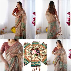 Sari de Lino y Algodón con Estampado Digital, Última Tendencia India, Elegante, Tradicional, Festivo, para Bodas, Verano, Casual, Graduación - Product Image 6