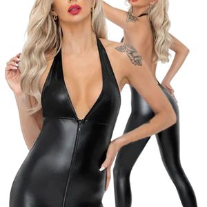 Mono halter negro de aspecto mojado para mujer, de cintura media, largo completo, manga larga, sexy, para discoteca, con cremallera frontal y botones vintage. - Product Image 2
