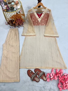 Party Wear Pure Golden <b>Tissue</b> Salsa With Embroidery Sequence & Coding Dori Work Kurta And Slub Satin Silk Blouse And Palazzo - Product Image 3