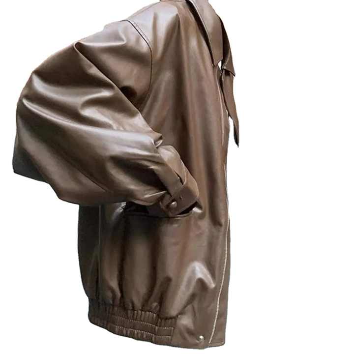 Women Faux Leather Jacket Retro Motorcycle Coat With Smooth Faux Leather Turn-down Collar Zip-up Design for Women Long Sleeves