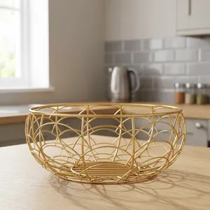 Panier à fruits rond en métal doré multi-usages, bol décoratif, organisateur de table, panier de rangement pour la cuisine, la salle à manger - Product Image 6