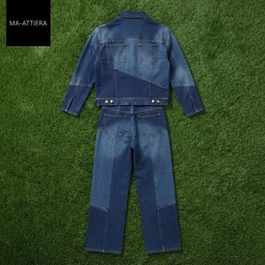 Women Blue Denim Cropped Jacket Patchwork Jeans Set High Waist Wide Leg <b>Pants</b> Two Piece Casual Denim Outfit Wholesale - Product Image 5