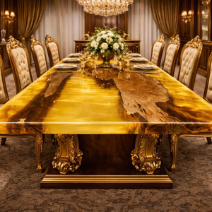Plateau de table de luxe en bois massif à bords naturels et résine dorée effet rivière, idéal pour salle à manger ou bureau - Product Image 1