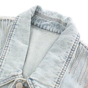 Custom Blue Denim Cropped <b>Jacket</b> With <b>Rhinestone</b> Tassel Fringe Button Front Women's Casual Vintage Style Spring Denim <b>Jacket</b> - Product Image 3