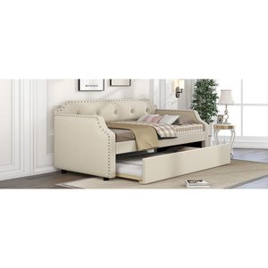 Divano Letto Singolo Beige Imbottito con Letto Estraibile e Struttura in Legno a Doghe - Product Image 5