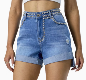 Shorts de Mezclilla para Mujer, Cintura Alta, con Pedrería, Lavado Azul, Cierre de Botones, Personalizados - Product Image 6
