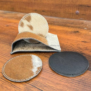 Custom Luxury Top Quality Round Cowhide <b>Coasters</b> for Drink <b>with</b> <b>Holder</b> Housewarming Gifts Genuine Leather Drink <b>Coaster</b> <b>Set</b> of 4 - Product Image 4