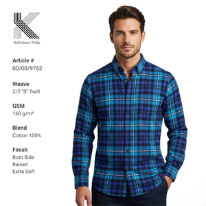 เสื้อเชิ้ตผ้าสักหลาดสำหรับผู้ชายแขนยาวผ้าฝ้าย100% 160GSM สีน้ำเงินลายสก๊อต2/2 S ทอลายทแยง - Product Image 1