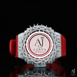 AARVA JEWELS Luxury Diamond Watch Stainless Steel Case Red <b>Rubber</b> Band Analog Quartz 45mm Round Dial Sapphire Crystal - Product Image 1
