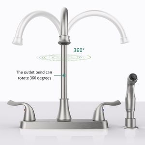 Rubinetto da Cucina Girevole a 360° in Acciaio Inox 304 Lucidato con Due Maniglie, Spruzzatore Laterale Estraibile, Installazione a 4 Fori, 8 Pollici, Finitura Nichel Spazzolato - Product Image 2