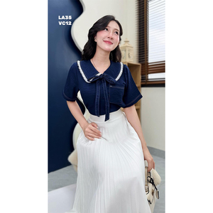Camisa de mezclilla de manga corta para mujer con cuello de lazo estilo formal y cuello marinero en capas, top casual sólido para oficina - Product Image 2