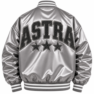 Astra <b>Sequin</b> Varsity <b>Jacket</b> <b>Men's</b> Silver Satin Zipper Closure Back Letter Design Preppy Style Autumn Wear - Product Image 1