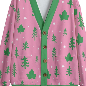 Cardigan en polaire tricoté rose et vert à col en V pour l'hiver, inspiré de la sororité Hacci Fleece, avec logo frontal stylisé Arbre et Lierre - Product Image 2