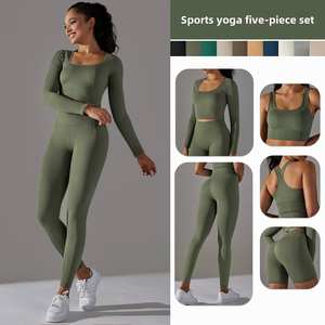 Ensemble de sport sans couture cinq pièces pour homme : brassière de sport, crop top, haut à manches longues, leggings taille mi-haute, écologique, pour entraînement et yoga - Product Image 1