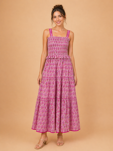 Vestido Maxi Smocked Floral Rosa para Mujer al por Mayor, Sin Mangas, con Volantes, Casual de Verano, 100% Algodón Chifón - Product Image 3
