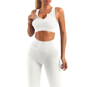 <b>White</b> <b>2</b> <b>Piece</b> Yoga Set Scoop Neck Racerback Crop Top High Waist Full Length Leggings Seamless Four-Way Stretch Solid Color - Product Image 4