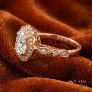 Bague en moissanite de forme ovale vintage pour femme, or rose, bijoux de fiançailles, cadeau USA - Product Image 2