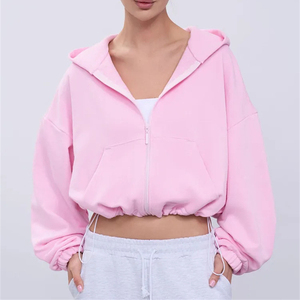 Sweat-shirt à capuche zippé oversize pour femme, en molleton, avec logo personnalisé, épaules tombantes - Product Image 3