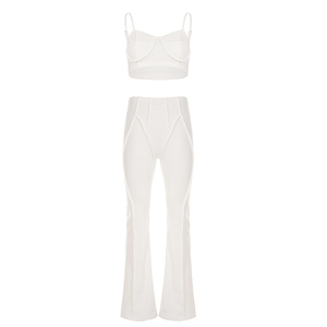 White Spaghetti Strap Sports Bra <b>High</b> <b>Waist</b> <b>Flared</b> <b>Leggings</b> Set Seamless Fitness Wear Women's Activewear Outfit - Product Image 1