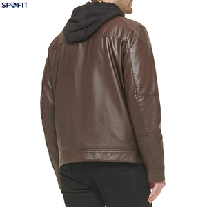 Veste en cuir noir pour homme SPOFIT avec capuche amovible, veste moto en cuir véritable, capuche en polaire amovible - Product Image 3