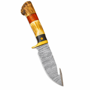 Couteau de camping artisanal en acier Damas, pointe tombante, lame droite, manche en bois et corne, étui en cuir, ODM OEM, idéal pour le bricolage et les cadeaux d'anniversaire - Product Image 1