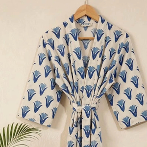 Bata de baño larga para mujer, kimono de algodón estampado a mano, túnica de playa, bata de algodón puro estampada, kimono, túnica de vestir - Product Image 1