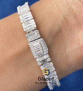 Gorgeous New Round Brilliant and <b>Baguette</b> Moissanite Diamond Iced Out Cluster Tennis <b>Bracelet</b> in 925 Sterling Silver - Product Image 2