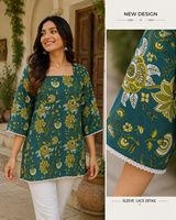 Kurti de Manga Corta con Estampado Floral Natural Dulce, Tejido de Algodón Premium, para Mujer, Jaipur Moda, Túnica Étnica Color Verde Azulado, Ropa Casual de Oficina