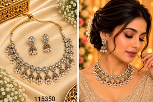 Parure de collier Kundan artisanale en pierre taille poire, design plaqué or antique, avec pendentifs Jhumki et grappes de perles tombantes - Product Image 2