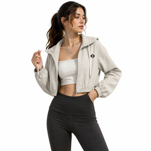 Custom Grey Women Cropped Yoga Windbreaker <b>Jacket</b> <b>Lightweight</b> Activewear Zip Up Fitness Outerwear OEM <b>jacket</b> for men Supply USA - Product Image 3