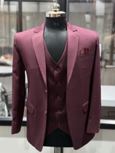 Costume d'affaires bordeaux pour homme, style britannique, simple boutonnage, col à revers, devant plat, coupe droite, anti-rétrécissement - Product Image 2
