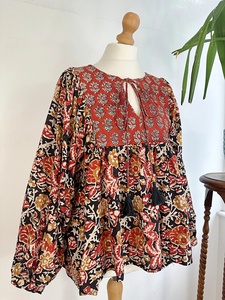 Haut chemisier décontracté Boho pur coton imprimé floral terreux indien Bagru Block débardeur brodé vêtements d'été - Product Image 5