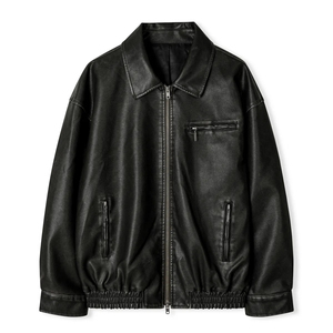Men's Black PU Leather Bomber <b>Jacket</b> <b>Casual</b> Turn-down Collar Zipper Closure Regular Fit Autumn Wear - Product Image 1