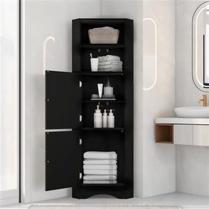 Tall Freestanding Bathroom <b>Corner</b> Cabinet with Adjustable Shelves and Doors MDF Board Black Storage <b>Unit</b> - Product Image 1