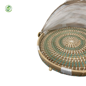 Woven straw food <b>cover</b> with green pattern Kitchenware and <b>table</b> decoration Wholesale eco-friendly Made in Vietnam - Product Image 4