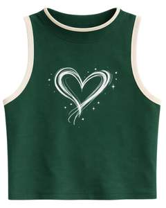 เสื้อกล้ามผู้หญิงสีเขียวเข้มลายริบบิ้นพิมพ์ลายหัวใจ แขนกุด สไตล์ลำลอง แฟชั่นฤดูร้อน แต่งขอบตัดกัน ดีไซน์สั่งทำได้ ผู้ผลิต - Product Image 1