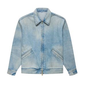 Veste en jean vintage bleu clair délavé pour homme, en pur coton, style camionneur, boutonnée, délavée, décontractée, col rabattu - Product Image 3