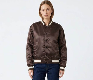 Men's Brown Satin Varsity Jacket Regular Fit Solid Color Turn-down Collar Button Closure Left Sleeve Logo Autumn Casual Wear - Product Image 5