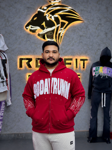 <b>Red</b> <b>Men's</b> Zip-Up Hoodie Oversized Streetwear Embroidery Letter Design Front Logo Autumn Wear Cotton Rhinestones <b>Sweatshirt</b> - Product Image 1