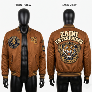 Chaqueta Bomber Premium para Hombre, 240 GSM, Poliéster Satinado, Color Marrón, con Parche de Chenilla Personalizado, Logotipo Bordado, Tejido de Punto Acanalado, Estilo Urbano - Product Image 1
