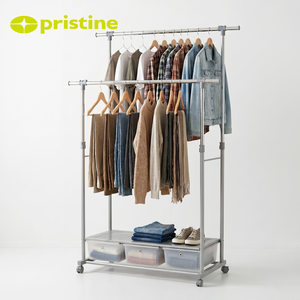 Modern Metal <b>Double</b> Rod Clothing Rack With Storage <b>Bins</b> And Wheels For Bedroom Use - Product Image 6
