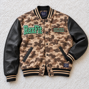 Blouson universitaire en gros, motif camouflage imprimé, unisexe, avec broderie appliquée, manches en PU, manteaux bomber universitaires personnalisés, OEM - Product Image 2
