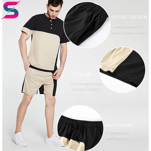 เสื้อยืดแขนสั้นผ้าฝ้ายสีดำลำลองพร้อมกางเกงขาสั้นสีครีมเข้าชุด ชุดเสื้อผ้าผู้ชายสำหรับฤดูร้อนแบบถักทอพร้อมสีพื้น - Product Image 6