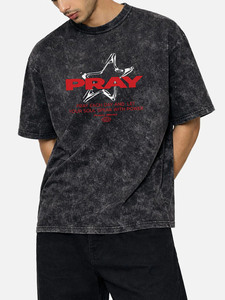 T-shirt graphique surdimensionné Pray, style vintage délavé à l'acide, inspirant, streetwear à thème religieux, noir délavé - Product Image 2