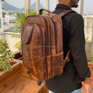 Sac à dos à roulettes en cuir véritable fait à la main pour ordinateur portable valise de voyage en plein air en cuir de vachette vintage pour unisexe - Product Image 2