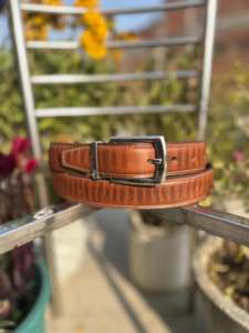 <b>Vintage</b> Western Casual Formal <b>Belt</b> Handcrafted Brown Crocodile Embroidery Durable Iron Buckle 3.5cm Width 120cm Length - Product Image 3