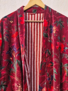 OFMD Pink Bird Velvet Banyan Fabric Kimono Cotton Velvet <b>Robe</b> Long, Original OFMD break up <b>robe</b> Printed Kimono With Tassels - Product Image 6