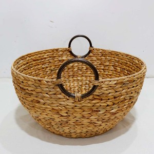 Eco Water Hyacinth Woven Storage Basket Organizer Bin with Metal Ring Handles - Product Image 2