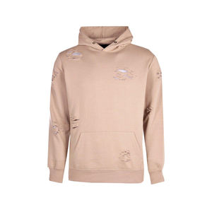 Sweat à capuche personnalisé pour homme, épais, beige, effet vieilli, déchiré, avec logo sérigraphié, style streetwear vintage - Product Image 1